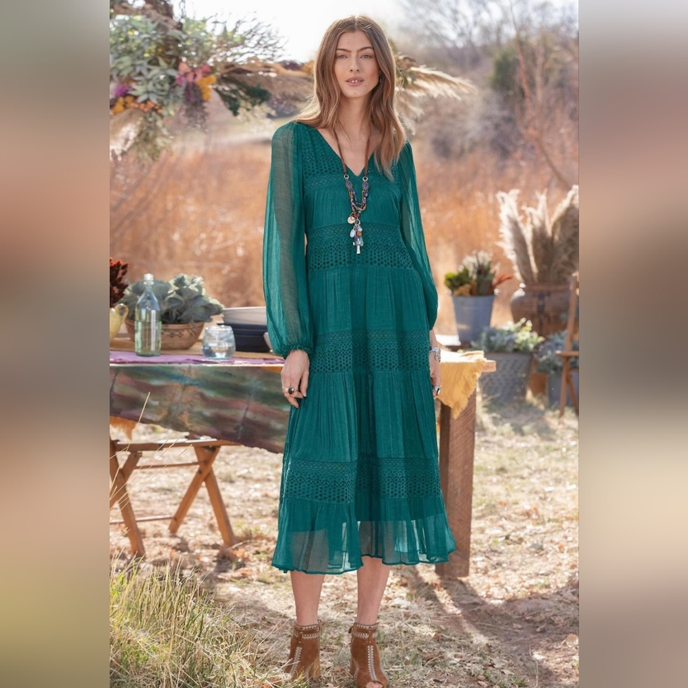 Sundance Green Ruffled Tiered Sundress with Bishop Sleeves